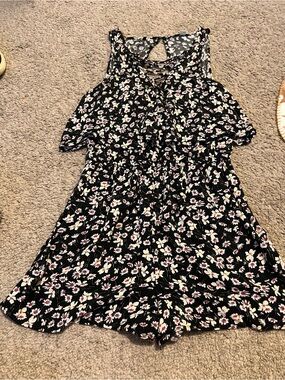 American Eagle Outfitters Black Floral Lace-Up Romper with Pink Accents